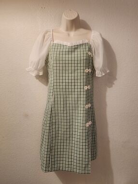 Green Gingham Puff Sleeve Dress Cottagecore Milkmaid Mini Dress Size L 💚